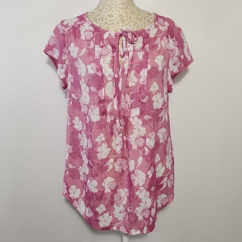 Como Vintage Pink Floral Print Tie Front Short Sleeve Rounded Hem Women's Top S
